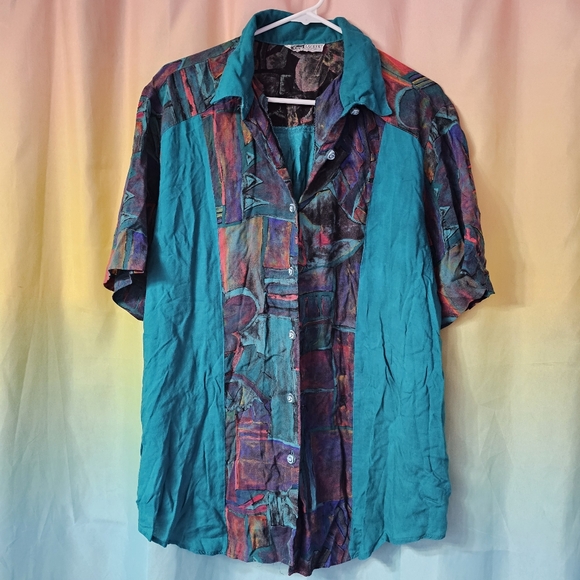 90's Vintage Dena Lauren Teal Button Up Collared Funky Shirt - Picture 2 of 10